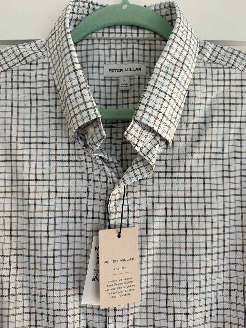 Peter Millar White Dress Shirt with Blue and Brown Windowpane - Size Large